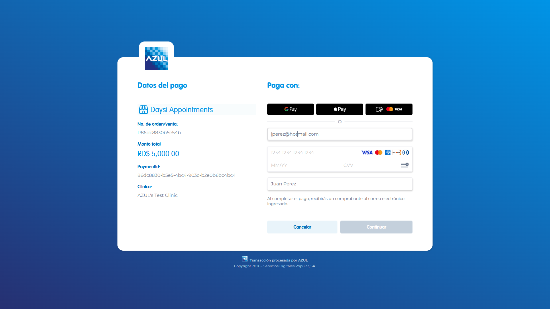 Interfaz de pagos AZUL en Daysi